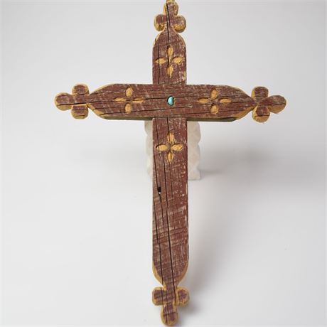 Carved Reclaimed Barn Wood and Turquoise Cross