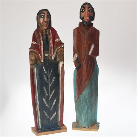 Pair of Antique Hand Carved and Painted Religious Figures