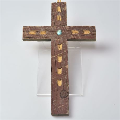 Carved Reclaimed Barn Wood and Turquoise Cross