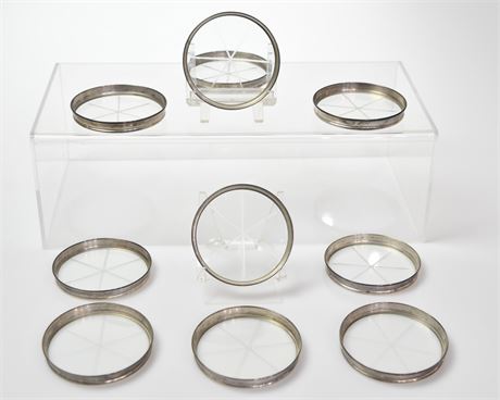 SET OF 10 STERLING SILVER & CRYSTAL COASTERS