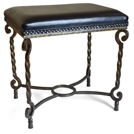 Bronze Stool With Leather Top and Nail Head Trim