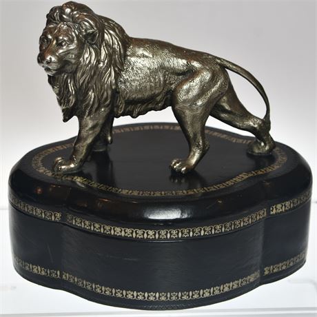 Bronze Lion Mounted Atop Italian Leather Dresser Box