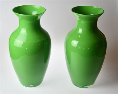 Pair of Vintage Murano Cenedese Green Vases