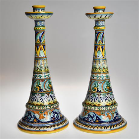 Pair of Franco Mari Geo Judith Deruta Candle Stick Holders