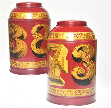 Antique Tole Paint Tea Canisters With Fire Engine Style Numbers