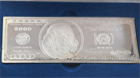 2003 $100 FRANKLIN 4 OZ 999 SILVER PROOF THE AMERICAN HISTORIC SOCIETY BOX