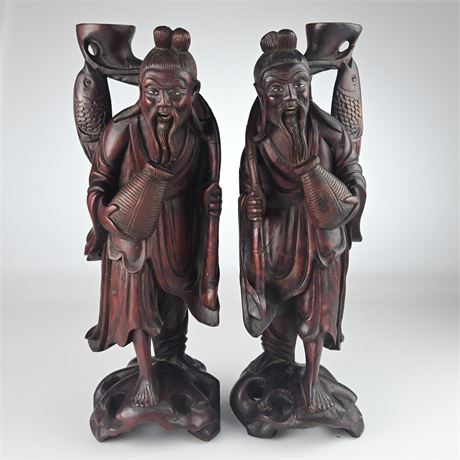 Pair of Vintage Chinese Fisherman Sculptures