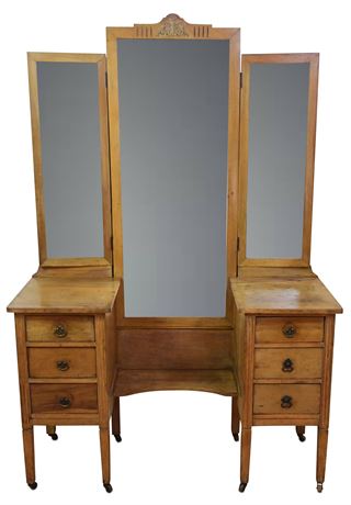 Antique Vanity With Tri-Fold Mirrors