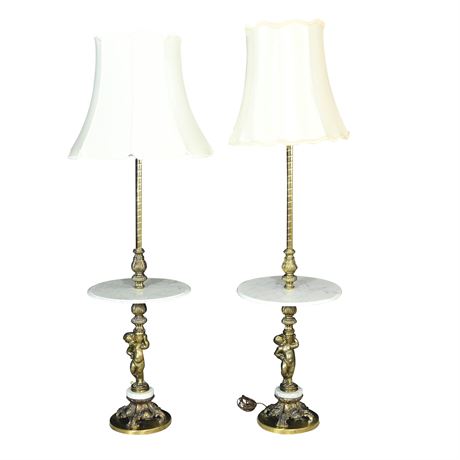 Pair of Italian Marble Top Lamps With Table