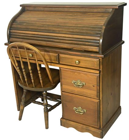 Wood Roll Top Desk with Chair