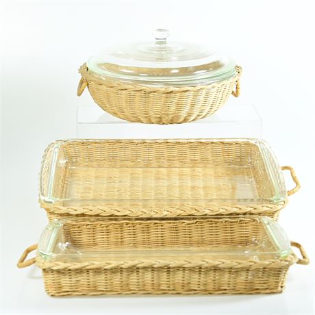 Set of 3 Pyrex Baking Dishes with Wicker Carriers