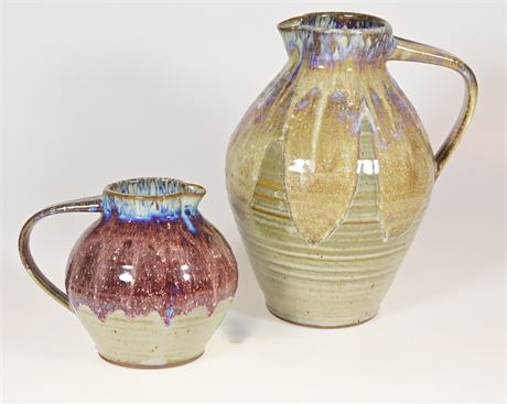 Pair of Hand Thrown Pottery Pitchers