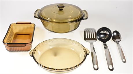 Glass Anchor Hocking and Pyrex Baking Dishes with Stainless Steel Utensils