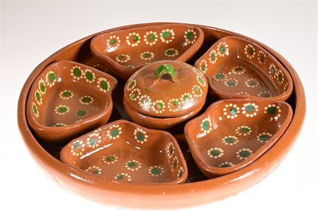 Vintage Mexican Redware Chip & Dip Bowl