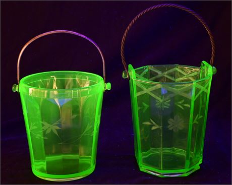 Pair of Uranium Depression Glass Ice Buckets