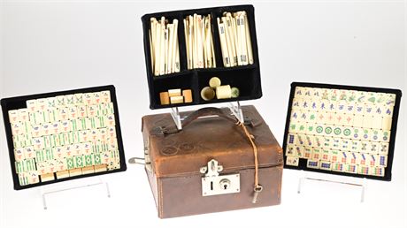 Mahjong Set with Small Tiles, Leather Box, and Coins