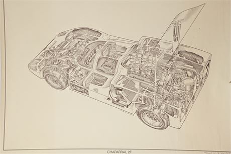 3 VINTAGE CUTAWAY MOTOR ART PRINTS, FERRARI, CHAPARRAL, FORD MK IV