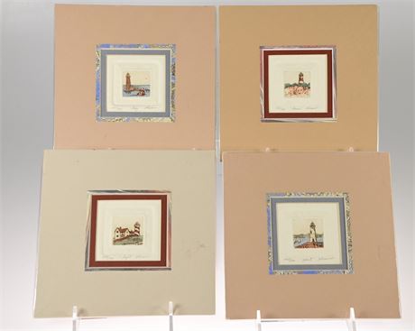 Set of 4 Hand Colored Etchings, Embossed on Paper