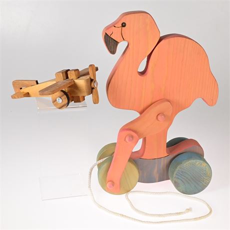 Wood Flamingo Pull Toy + Wood Plane