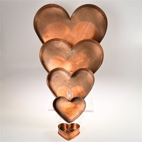 5 Vintage Nesting Solid Copper Heart Pans with Wall Mounts