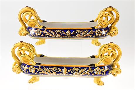 Pair Deruta Italy Majolica Style Dragon Trough with Paw Feet and Snake Handles