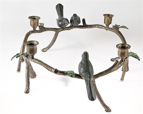 Pair of Twig-Like Cast Iron Candelabras with Birds