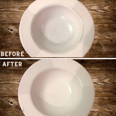 Before-and-after of utensil wear removed from a china dinner plate